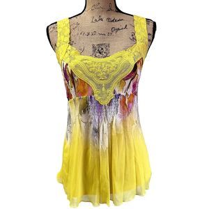 Didier Parakian Bright Yellow  Lace Top Mesh Lined Tank Top SZ 38 (US M) Italy